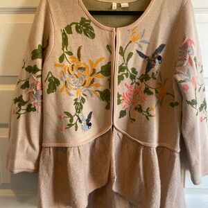 Moth Embroidered Floral & Bird Peplum Cardigan size Large (Anthropologie)
